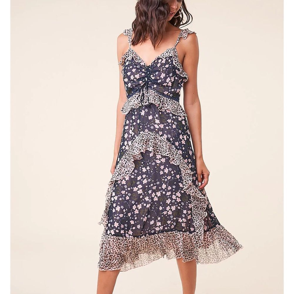 MAX STUDIO LONDON Boho Navy Floral Lace Ruffle Mini Dress size Small